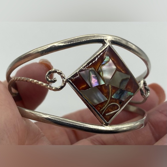 Mexican Silver-tone Abalone Shell Scrolled Rope Split Cuff Bracelet - Picture 5 of 7